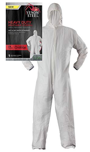 Product Cover Venom Steel Disposable Heavy Duty Breathable Coverall, Disposable Coverall is Hooded with Elastic Wrist and Ankles, L/XL, White