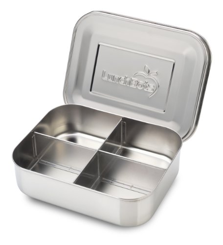 Product Cover LunchBots Medium Quad Snack Container - Divided Stainless Steel Food Container - Four Sections for Finger Foods On the Go - Eco-Friendly, Dishwasher Safe - Stainless Lid - All Stainless