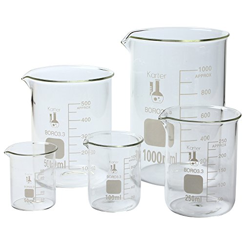 Product Cover Karter Scientific, 3.3 Boro, Griffin Low Form, Glass Beaker Set - 5 Sizes - 50ml, 100ml, 250ml, 500ml, 1000ml