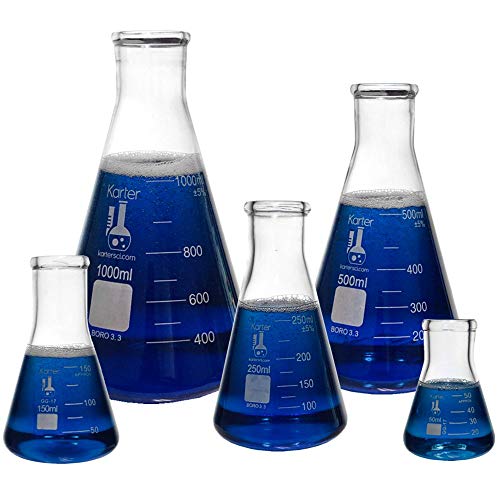 Product Cover Karter Scientific Glass Flask 5 Piece Set, Narrow Mouth Erlenmeyer, Borosilicate 3.3 Glass - 50ml, 150ml, 250ml, 500ml, 1L, 213B2