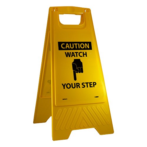 Product Cover NMC HDFS213 CAUTION-WATCH YOUR STEP Sign with Graphic- 10.75 in. x 24.63 in. Heavy-Duty Plastic, Double-Sided Floor Sign with Black on Yellow