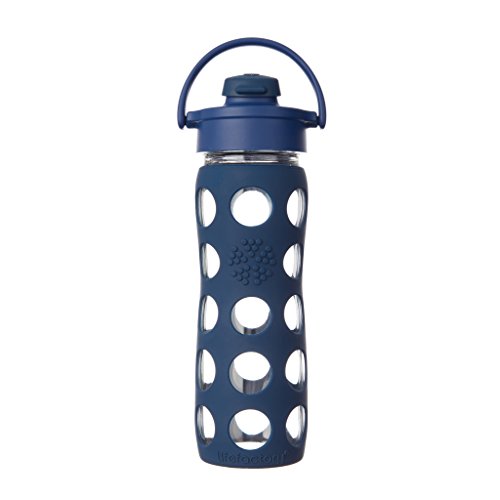 Product Cover Lifefactory 16-Ounce BPA-Free Glass Water Bottle with Flip Cap and Silicone Sleeve, Midnight Blue