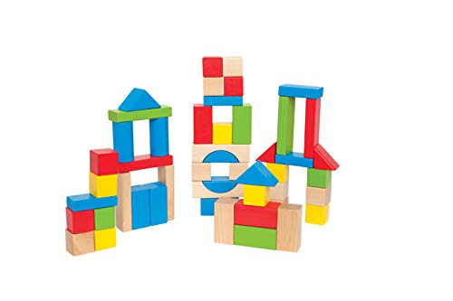Product Cover Maple Wood Kids Building Blocks by Hape | Stacking Wooden Block Educational Toy Set for Toddlers, 50 Brightly Colored Pieces in Assorted Shapes and Sizes