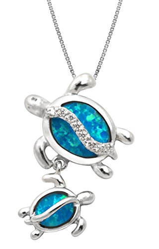 Product Cover Honolulu Jewelry Company Sterling Silver Mom and Baby Turtle CZ Necklace Pendant with Simulated Blue Opal and 18