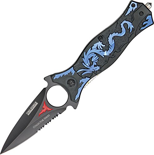 Product Cover TAC Force TF-707BL Assisted Opening Folding Knife, Black Half-Serrated Blade, Blue Dragon Handle, 4-1/2-Inch Closed
