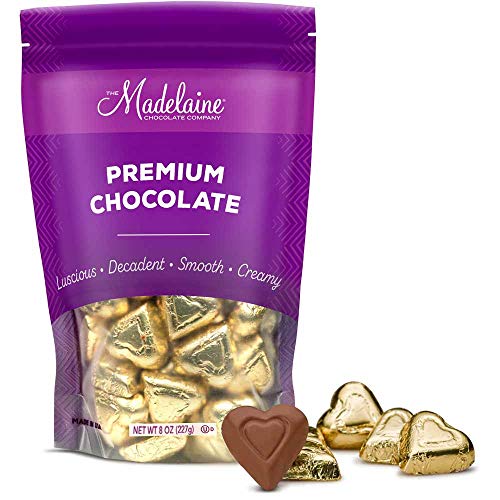 Product Cover Madelaine Premium Chocolate Hearts Valentines Candy - Solid Milk Chocolate Mini Hearts Wrapped In Italian Foil - Gold, 8 oz (227 g)