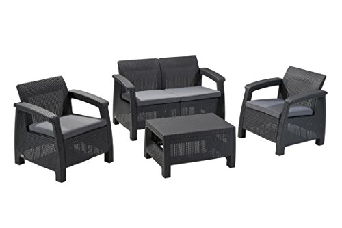 Product Cover Keter Corfu 4 Piece Set All Weather Outdoor Patio Garden Furniture w/ Cushions, Charcoal - 212584