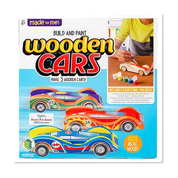 Product Cover Made By Me Build & Paint Your Own Wooden Cars by Horizon Group Usa, DIY Wood Craft Kit, Easy To Assemble & Paint 3 Race Cars, Multicolored