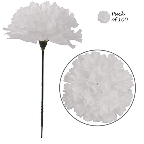 Product Cover Larksilk White Silk Carnation Picks, Artificial Flower Heads for Weddings, Decorations, DIY Decor, 100 Count Bulk Carnations, 3.5
