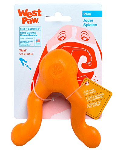 Product Cover West Paw Zogoflex Tizzi Interactive Treat Dispensing Dog Fetch Play Toy, 100% Guaranteed Tough, It Floats!, Made in USA, 4.5-Inch Small, Tangerine