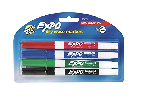 Product Cover Expo 86674K Low-Odor Dry Erase Markers, Fine Point, Assorted Colors, 1 Blister Pack with 4 Markers, Total of 4 Markers