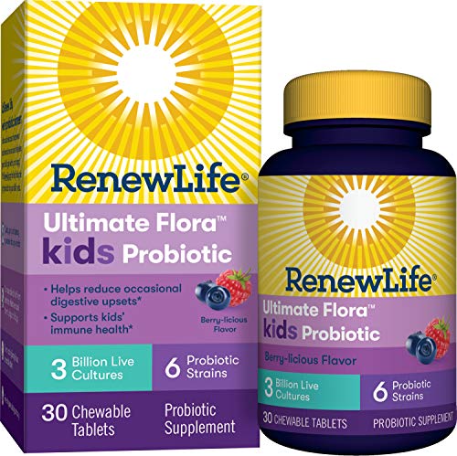 Product Cover Renew Life Kids Probiotic - Ultimate Flora Kids Probiotic Supplement - Shelf Stable, Gluten, Dairy & Soy Free - 3 Billion CFU - Berry-licious, 30 Chewable Tablets (Packaging May Vary)