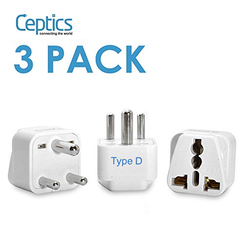 Product Cover Ceptics India Travel Plug Adapter (Type D) for Pakistan, Nepal, Bangladesh - 3 Pack [Grounded & Universal] (GP-10-3PK)