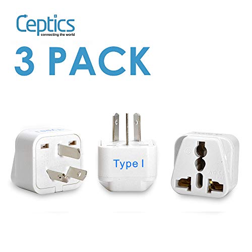 Product Cover Ceptics Australia, China, New Zealand Travel Plug Adapter (Type I) - 3 Pack [Grounded & Universal] (GP-16-3PK)
