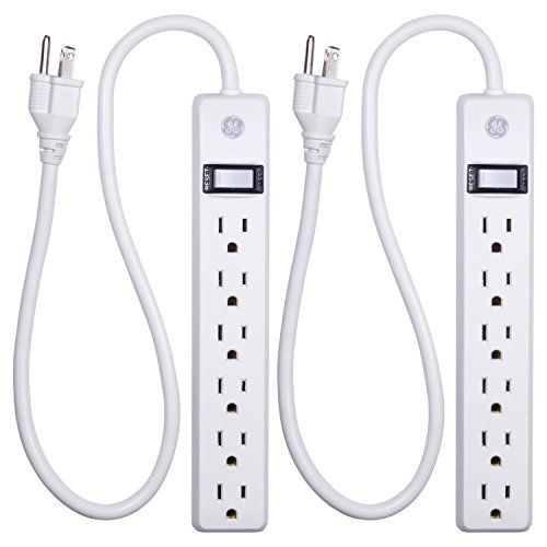 Product Cover GE, White, 6 Outlet 2 Pack, 2 Ft Cord, Switched Power Strip, Integrated Circuit Breaker, Overload Protection, Wall Mountable, 3 Prong, UL Listed, 14833