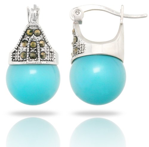 Product Cover JanKuo Jewelry Rhodium Plated Turquoise Color Simulated Pearl Marcasite Earrings