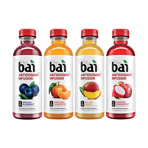 Product Cover Bai Flavored Water, Rainforest Variety Pack, Antioxidant Infused Drinks, 18 Fluid Ounce Bottles, 12 count, 3 each of Brasilia Blueberry, Costa Rica Clementine, Malawi Mango, Sumatra Dragonfruit