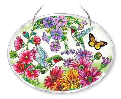 Product Cover Amia Beveled Glass Large Oval Suncatcher Hand-Painted Hummingbird Design, 9 by 6-1/2-Inch