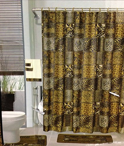 Product Cover 18pcs Bath Rug Set LEOPARD BROWN Bathroom Rug Shower Curtain Mat / Rings Towel Set
