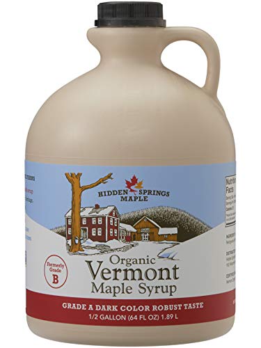 Product Cover Hidden Springs Organic Vermont Maple Syrup, Grade A Dark Robust (Formerly Grade B), 64 oz, 1 Half gallon, Family Farms, BPA-free Jug