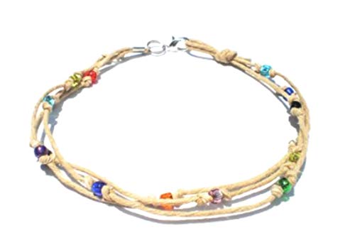 Product Cover Hempnotic Jewelry Multicolor Glass Beaded Three String Hemp Anklet - Handmade