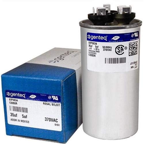 Product Cover Genteq Capacitor Dual Run Round 35uF + 5uf MFD (micro Farad) 370 Volt VAC 97F9834 (replace old GE# Z97F9834) 35uF/5uF at 370 volts