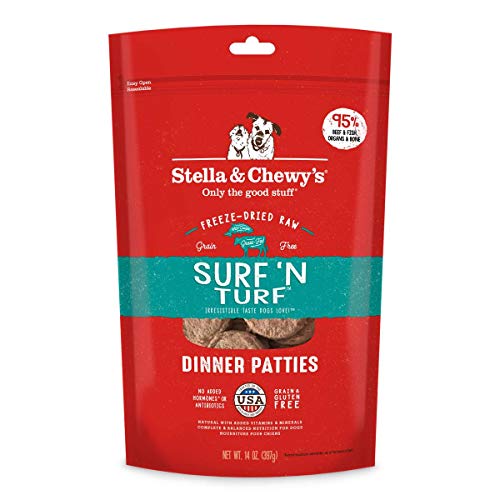 Product Cover Stella & Chewy's Freeze-Dried Raw Surf & Turf (Beef & Salmon) Dinner Patties Grain-Free Dog Food, 14 oz bag