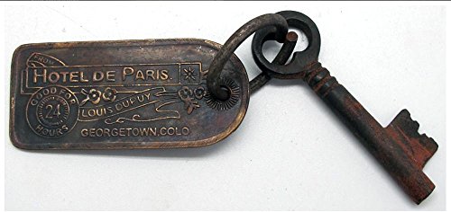 Product Cover Collectible Badges Hotel de Paris Antique Replica Hotel Key, Old West Hotel Whore House Brothel Room Key Cast Iron w/Brass Tag Keychain Set