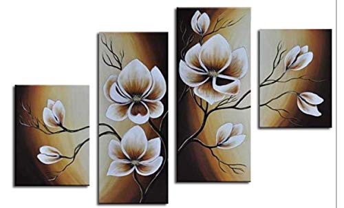 Product Cover Wieco Art 100% Hand-Painted Wood Framed Abstract Floral Oil Painting on Canvas Warm Day Yellow Flowers Bloom Ready to Hang for Living Room Bedroom Home Decorations 4pcs/Set