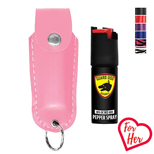 Product Cover Guard Dog Security Pepper Spray Keychain, Red Hot Self Defense Spray with UV Dye - Choose a Leather Holster Color, Pink
