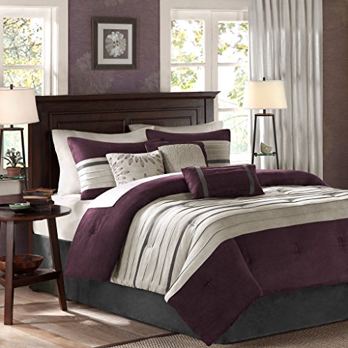 Product Cover Madison Park - Palmer 7 Piece Comforter Set - Plum - King - Pieced Microsuede - Includes 1 Comforter, 3 Decorative Pillows, 1 Bed Skirt, 2 Shams