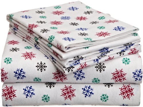 Product Cover Pointehaven Heavy Weight Printed Flannel Sheet Set, Queen, Snow Flake Multi Color