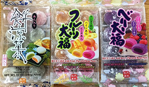 Product Cover Japanese Fruit Flavor Mochi Strawberry & Blueberry, Mango & Peach & Pineapple, Bean Jam Rice Cake Mochi Sampler - 3x 8 Pc by Kyoshin