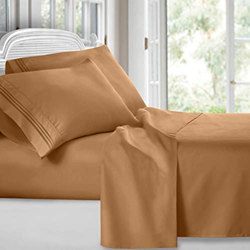 Product Cover Clara Clark Premier 1800 Series 4pc Bed Sheet Set - Queen, Mocha Light Brown Carmel