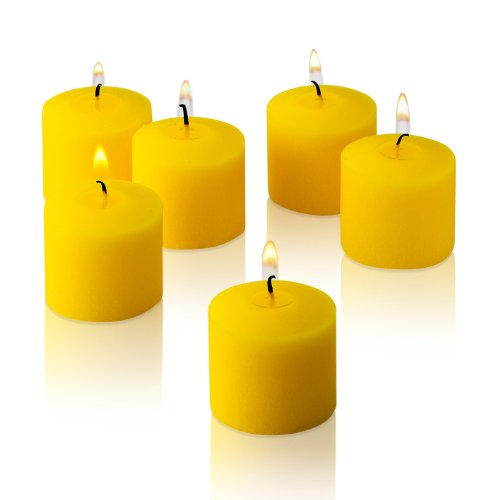 Product Cover Light In The Dark Yellow Votive Candles - Box of 72 Unscented Candles - 10 Hour Burn Time - Bulk Candles for Weddings, Parties, Spas and Decorations