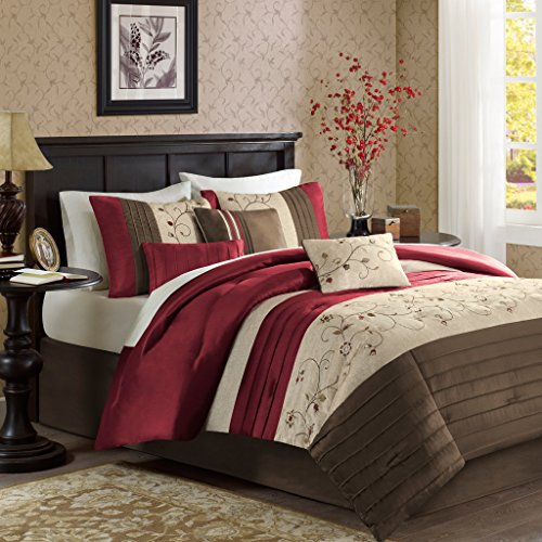 Product Cover Madison Park Serene Comforter Reversible Solid Faux Silk Floral Flower Embroidered Pleated Stripes Patchwork Soft Down Alternative Hypoallergenic All Season Bedding-Set, Cal King, Red