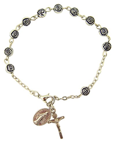 Product Cover Womens or Girls, Religous & Inspirational Catholic Rosebud Rosary Bracelet, Antique Silver Plate 6 Mm Bead -- 7 3⁄4