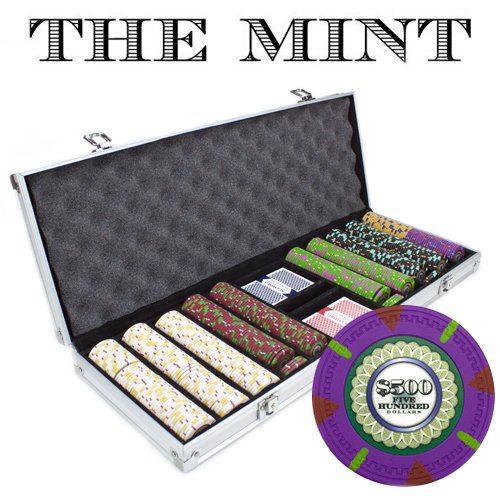 Product Cover 500 Count 'The Mint' Poker Chips in Aluminum Carrying Case, 13.5g Clay Composite Chips - Deluxe Set w/ 2 Playing Card Decks, Dealer Button, & 5 Dice by Claysmith Gaming