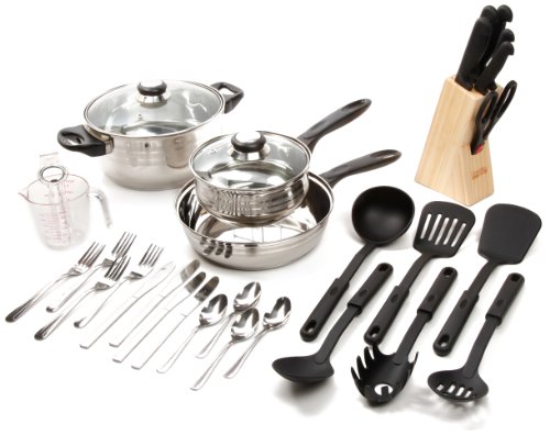 Product Cover Gibson Value 89117.32  Lybra 32 Piece Cookware Combo Set, Mirror Polished Stainless Steel