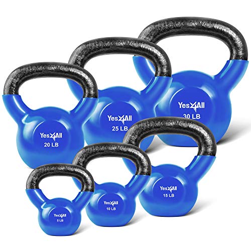 Product Cover Yes4All Combo Vinyl Coated Kettlebell Weight Sets - Great for Full Body Workout and Strength Training - Vinyl Kettlebells 5 10 15 20 25 30 lbs
