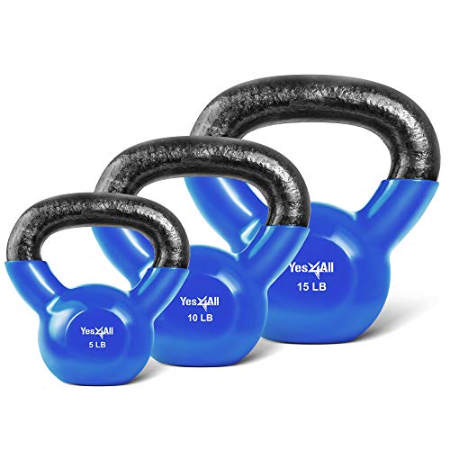 Product Cover Yes4All Combo Vinyl Coated Kettlebell Weight Sets - Great for Full Body Workout and Strength Training - Vinyl Kettlebells 5 10 15 lbs