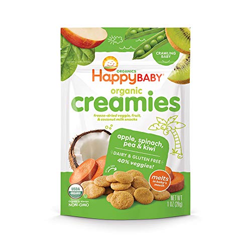 Product Cover Happy Baby Organic Creamies Freeze-Dried Veggie & Fruit Snacks with Coconut Milk Apple Spinach Pea & Kiwi, 1 Ounce Bag (Pack of 8) (Packaging May Vary)
