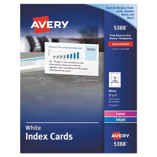 Product Cover Avery® - Laser/Inkjet Unruled Index Cards, 3 x 5, White, 150/Box - Sold As 1 Box - Heavyweight card stock feeds easily from paper tray.