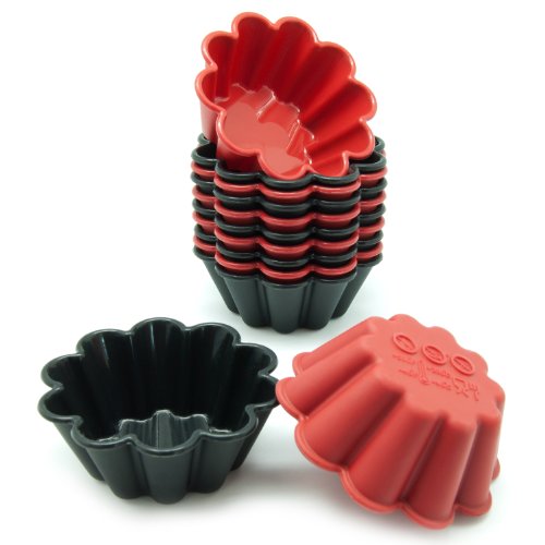 Product Cover Freshware Silicone Cupcake Liners/Baking Cups - 12-Pack Muffin Molds, Flower, Red and Black Colors