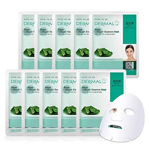 Product Cover DERMAL Green Tea Collagen Essence Facial Mask Sheet 23g Pack of 10 - Hydrating and Soothing for Sensitive Oily Skin, Revitalize Dull Skin, Daily Skin Treatment Solution Sheet Mask