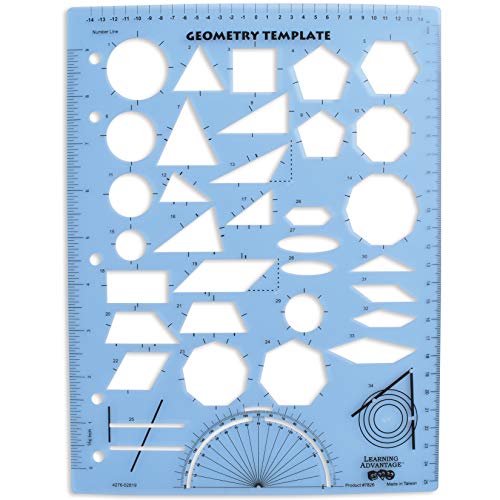 Product Cover Learning Advantage Geometry Template - Sturdy Geometric Stencil to Draw 2D Shapes and Measure Angles - Includes Ruler plus a Number Line with Negative Values