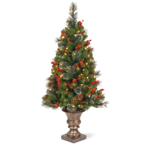 Product Cover National Tree 4 Foot Crestwood Spruce Entrance Tree with Cones, Glitter, Red Berries, Silver Bristle and 100 Clear Lights in Decorative Urn (CW7-306-40)