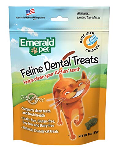 Product Cover Emerald Pet - Feline Dental Treats, Dental Stick, Cat Chews for Teeth Cleaning, Freshens Breath, Reduces Plaque and Tartar, Grain-Free (Feline Dental Treat, 3 Ounce), Chicken