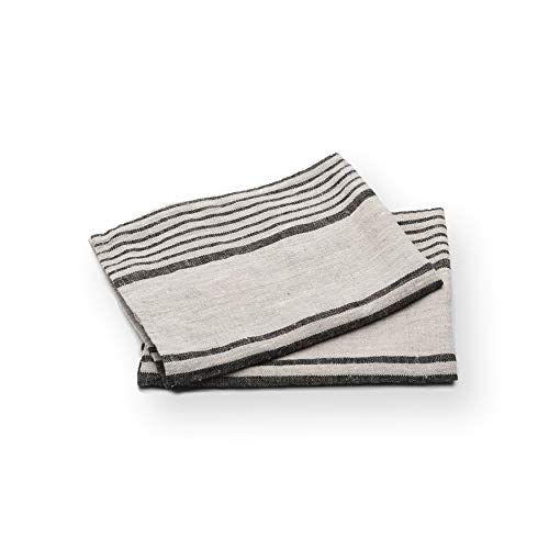 Product Cover LinenMe Set of 2 Provence Linen Hand Towels, Standard, Black Natural Striped, Prewashed 100% Linen, Made in Europe, Produced from European Linen.