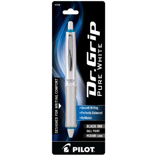Product Cover PILOT Dr. Grip PureWhite Refillable & Retractable Ballpoint Pen, Medium Point, with Blue Accents, Black Ink, Single Pen (36206)
